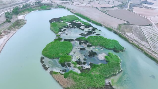 Aerial view from a drone of the spring landscape in the Estanca de Borja. Borgia. Saragossa. Aragon. Spain. Europe