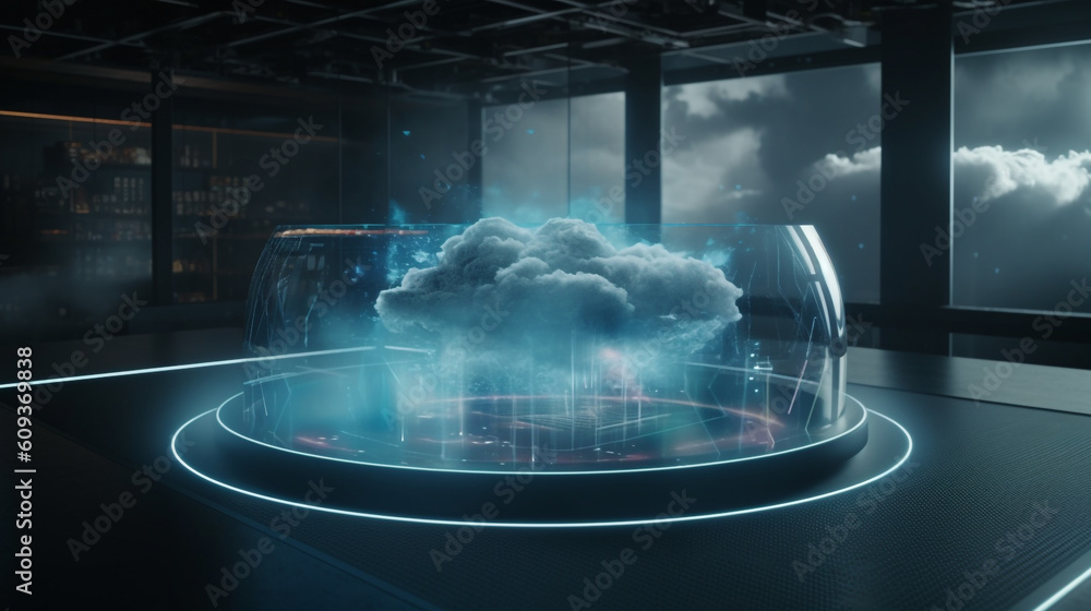 Poster digital informational technology web futuristic hologram, floating effortlessly amidst the clouds. t