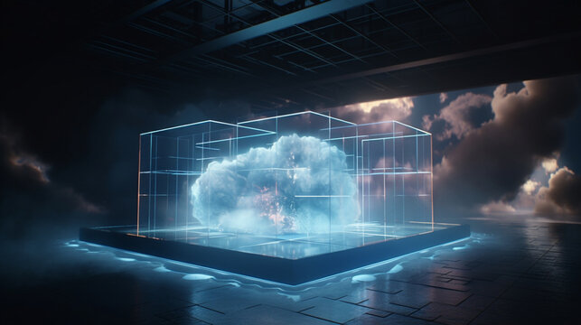  technology web futuristic hologram, floating effortlessly amidst the clouds. The hologram showcases the power of cloud computing and its impact on data management, Generative AI