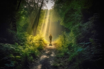 Finding solace in nature - a figure stands in the distance, surrounded by the serene beauty of the forest. Image evokes a sense of peace, connection, and inner harmony. Generative AI
