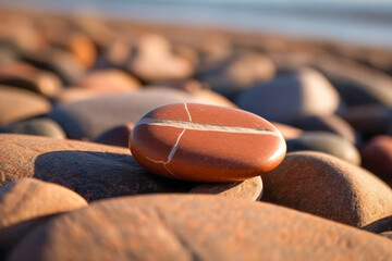Finding Calm in Nature: Worry Stone on the Beach. Worry stone resting on the rockyy beach. Generative AI