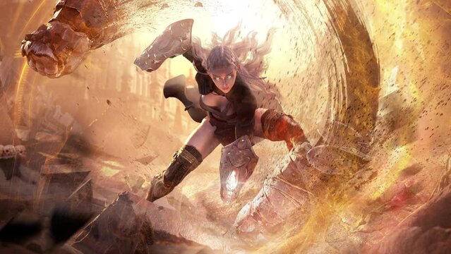 An enraged girl martial artist summons magic hands fists and resolutely smashes the floor in the sinister Gothic ruins causing an earthquake and destroying everything. approaching 2d animated art