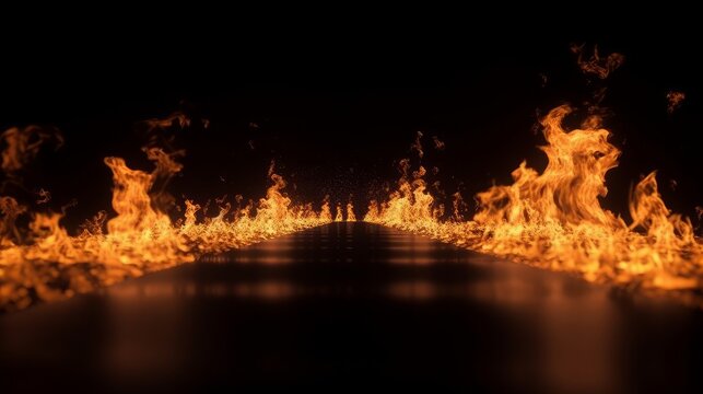 3d render, blazing flames and road on fire over black background, Generative AI