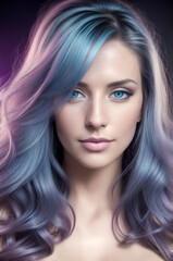 Naklejka premium Portrait of a woman with long blue violet metallic hair.Film photography.Digital creative designer fashion art.AI illustration