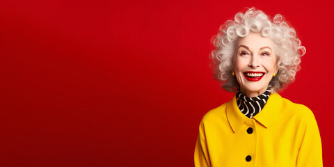 Energetic senior woman isolated on solid red background.