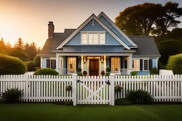 Fototapeta na wymiar a cottage style house with a white fence - Generative AI Technology