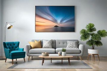 modern living room with furniture.modern living room and snow-falling mountain also include sun in the sky 