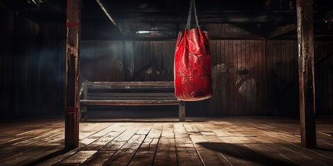 AI Generated. AI Generative. Old vintage gym room with old vintage boxing leather bag. Mexican American athlete vibe. Graphic Art