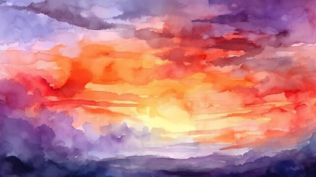 Abstract watercolor background sunset sky orange purple. Generative ai.