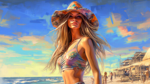 Drawing of a girl in a bikini on the beach