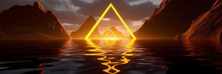 3d render, seascape with cliffs, water reflections and yellow neon triangle.Sacred geometry concept. Modern minimal abstract background. Spiritual zen, Generative AI