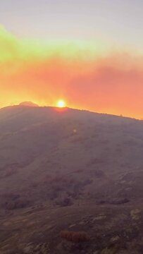 Environment, narure damage, forest fire, sunset
