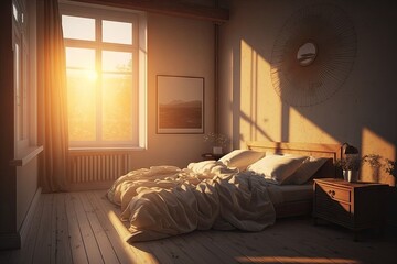 Fototapeta premium a peaceful bedroom with rays of sunshine illuminating the room, created with generative ai