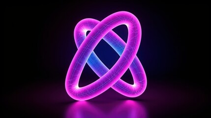 3d render, pink violet neon tangled geometric shape glowing in the dark. Abstract minimalist background with infinity symbol. Endless loop ribbon, Generative AI