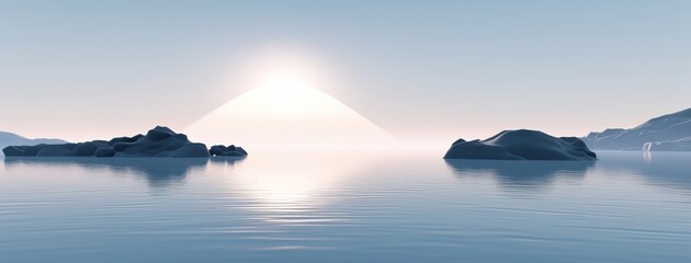 3d render, abstract seascape background, minimalist zen scenery, panoramic wallpaper. Calm water, black rocks and pastel blue gradient sky, Generative AI