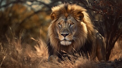 Naklejka na ściany i meble Lion portrait on savanna at sunset 