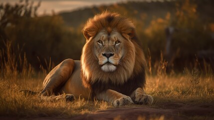 Plakat Lion portrait on savanna at sunset 