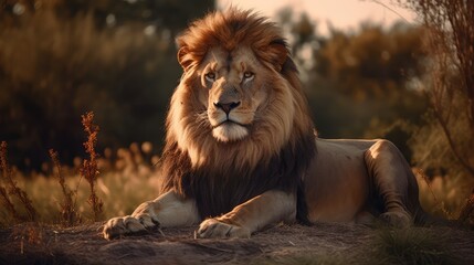 Naklejka na ściany i meble Lion portrait on savanna at sunset 