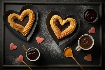 heart-shaped churros served in pairs, with chocolate dipping sauce, created with generative ai