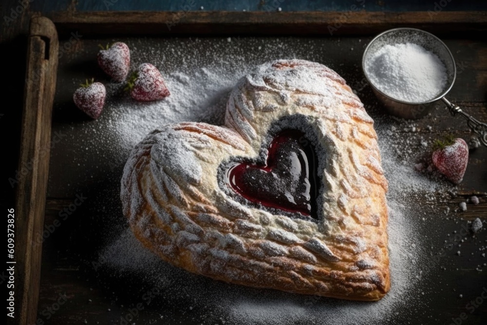 Sticker heart-shaped danish pastry with cherry filling and powdered sugar dusting, created with generative ai