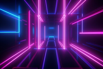 Fototapeta na wymiar 3d render, pink blue neon lines, geometric shapes, virtual space, empty room, ultraviolet light, 80's style, retro disco, fashion laser show, abstract, Generative AI