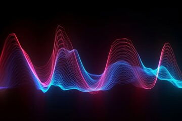 Fototapeta na wymiar 3d render, red blue wavy neon lines, electronic music virtual equalizer, sound wave visualization, ultraviolet light abstract background, Generative AI