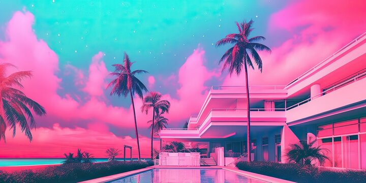 AI Generated. AI Generative. Old vintage cyberpunk vapor wave synthwave miami vice florida tropical landscape. Graphic Art