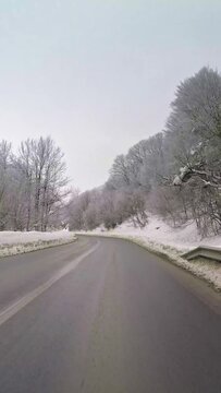POV road trip, winter mountain nature, vertical short video
