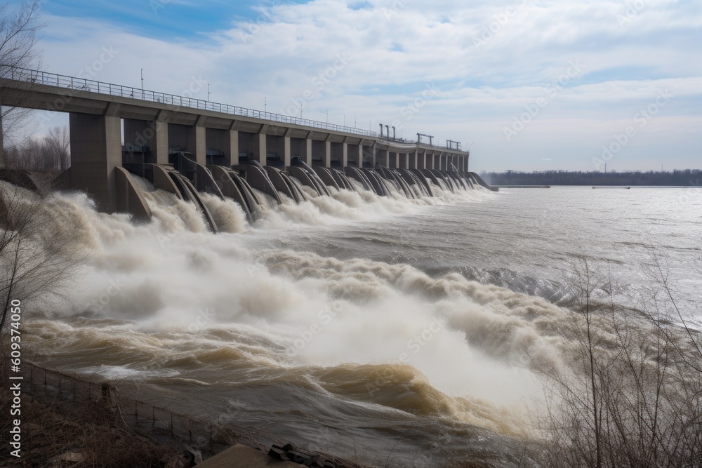 Poster view of large-scale hydroelectric plant with rows of turbines in motion and water rushing downstream, created with generative ai