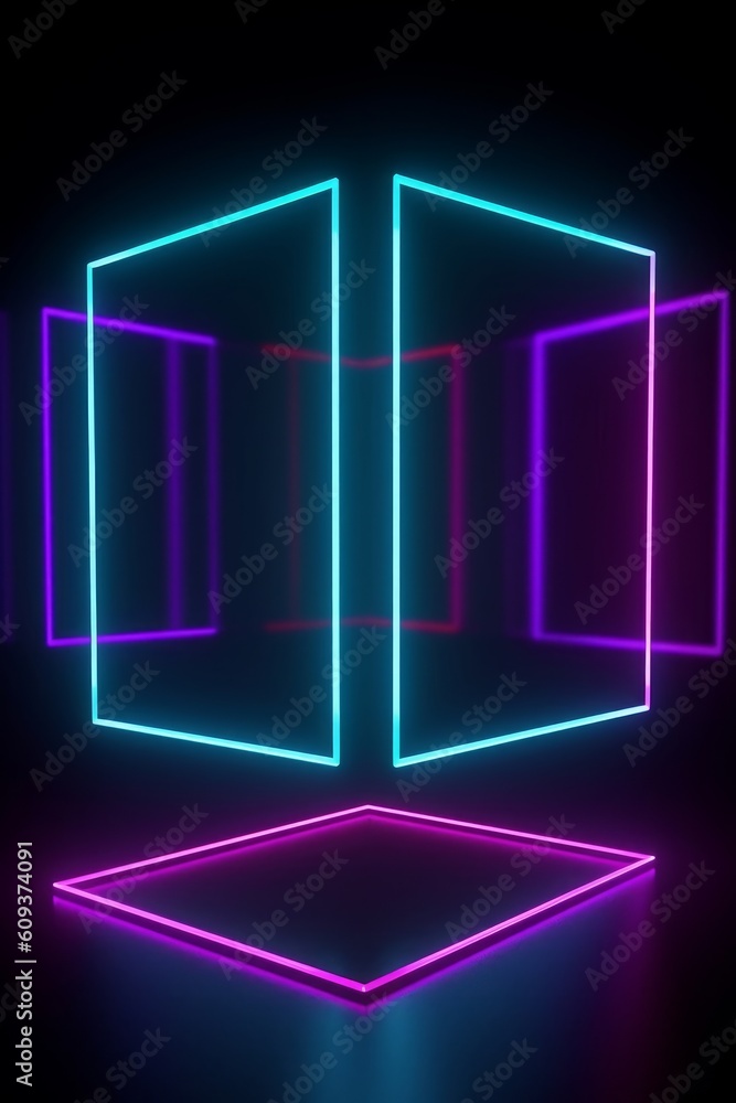 Wall mural 3d render, abstract minimal geometric background. glowing neon lines. stage laser show illumination.