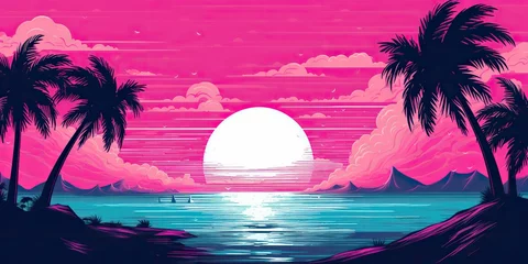 Fotobehang AI Generated. AI Generative. Old vintage cyberpunk vapor wave synthwave miami vice florida tropical landscape. Graphic Art © Graphic Warrior