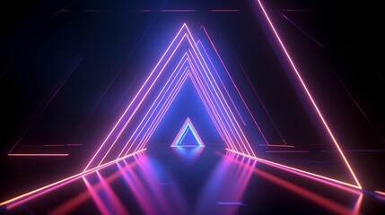 3d render, abstract geometric background with neon triangle. Laser linear shape glowing in the dark, Generative AI