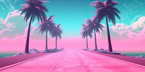 Naklejka premium AI Generated. AI Generative. Old vintage cyberpunk vapor wave synthwave miami vice florida tropical landscape. Graphic Art