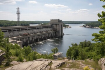 view of hydroelectric power plant, with dam and reservoir in the background, created with generative ai