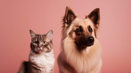 Dog and cat on pink background. Generative AI.