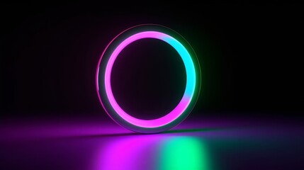 3d render, abstract minimalist background with simple geometric round shape. Colorful neon ring glowing in the dark, pink violet green gradient, Generative AI