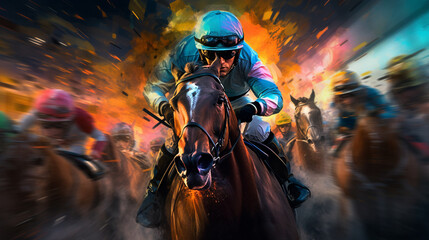 Fototapeta premium Person steps into the thrilling world of horse riding as a jockey guides their racing horse through the derby, Generative AI