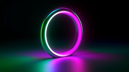 3d render, abstract minimalist background with simple geometric round shape. Colorful neon ring glowing in the dark, pink violet green gradient, Generative AI