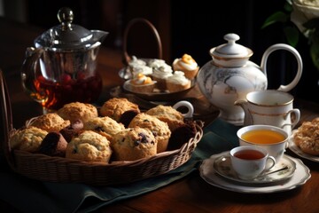 a classic tea tray with scones, muffins, and dainty teacups, created with generative ai