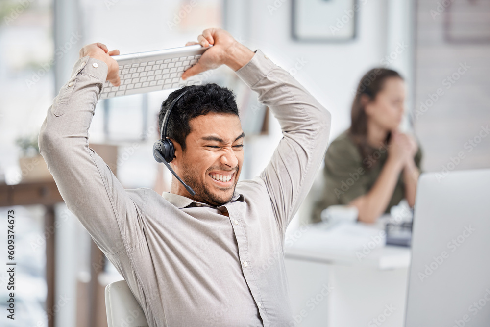 Poster call center, smash or angry man in customer service frustrated by consulting or tired of stress. bur
