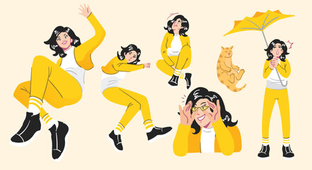 A Happy Yellow Outfit Girl Illustration Called Merry 5 Vectors Bonus With One Cat Vector