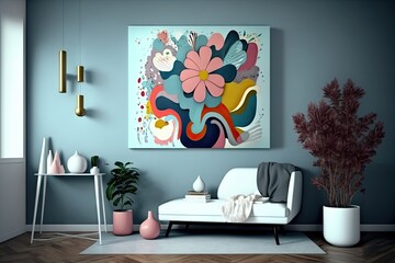 Modern living room interior design with a blue wall, a white sofa and a vase with flowers