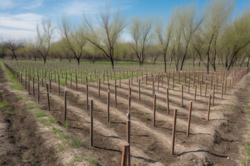 Fototapeta na wymiar reforestation project with clear planting lines and stakes in newly planted trees, created with generative ai