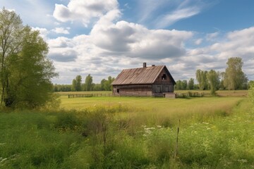 Obraz premium rustic barn scene with a view of the rolling fields, ideal for horse riding and other outdoor activities, created with generative ai