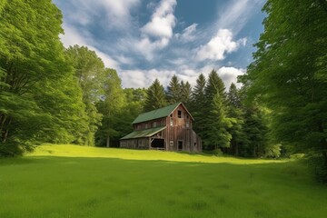 Obraz premium barn surrounded by lush green landscape, with tall trees and clear blue skies, created with generative ai