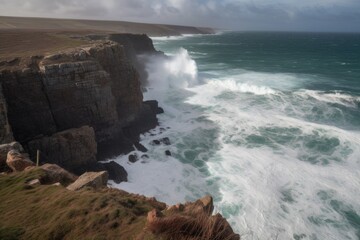 Fototapeta premium clifftop vista, with the waves crashing against the rocks below, created with generative ai