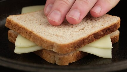 Making a sandwich with cheese. Male chef preparing tasty sandwich
