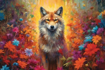 wolf standing amidst a forest filled with vibrant flowers and magical elements, emphasizing the enchantment and allure of the natural world