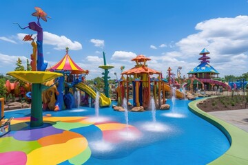 Fototapeta na wymiar water park with colorful and whimsical slides, waterfalls, and fountains, created with generative ai