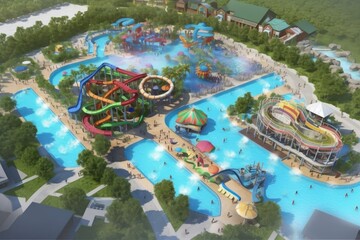 water park with a variety of rides and slides, including water slide, lazy river, tube slide and wave pool, created with generative ai